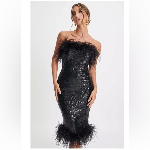 GORGEOUS NEW SEASON Lavish Alice Bandeau Dress with Feather Trim in Black Sequin - Picture 2 of 11